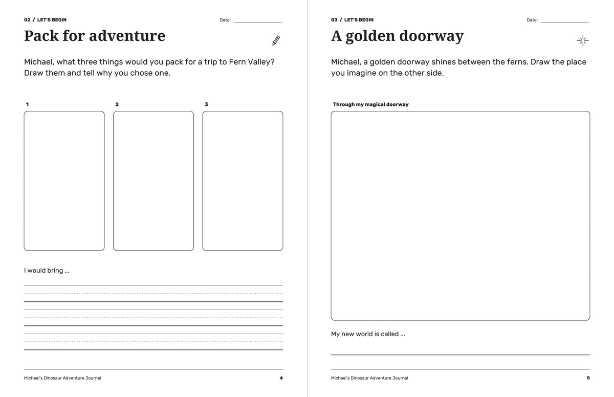 Dinosaur journal activities for Michael: pack three things for Fern Valley and imagine a world beyond a golden doorway.