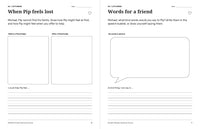 Dinosaur journal prompts for drawing Pip's feelings before and after help, and writing kind words for a friend.