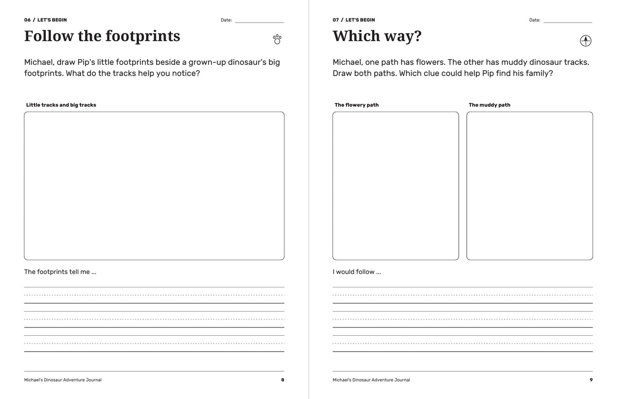 Dinosaur journal pages for comparing footprints and choosing between a flowery path and muddy dinosaur tracks.