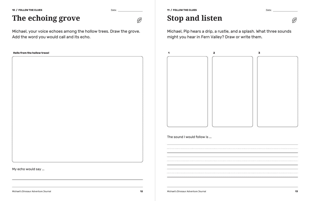 Dinosaur journal activities for drawing an echoing grove and imagining three sounds in Fern Valley.