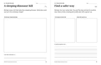 Dinosaur journal pages for imagining a dinosaur-shaped hill and planning a safer river crossing with a grown-up.