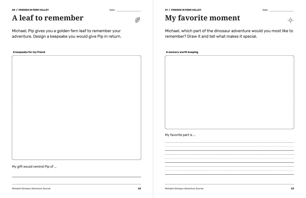 Dinosaur journal pages for designing a keepsake for Pip and remembering a favorite adventure moment.
