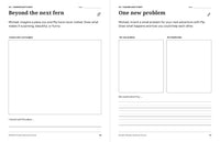 Dinosaur journal pages for imagining a surprising new place and solving a small problem together with Pip.