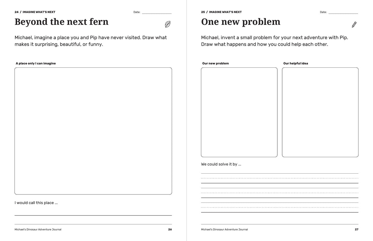Dinosaur journal pages for imagining a surprising new place and solving a small problem together with Pip.