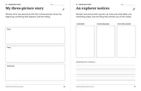 Dinosaur journal pages for telling a three-picture story and drawing details noticed on an outing with a grown-up.