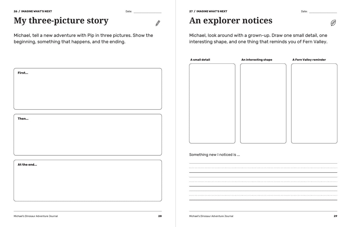 Dinosaur journal pages for telling a three-picture story and drawing details noticed on an outing with a grown-up.