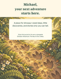 Dinosaur Adventure Journal back cover with a personalized message for Michael and a path through Fern Valley.