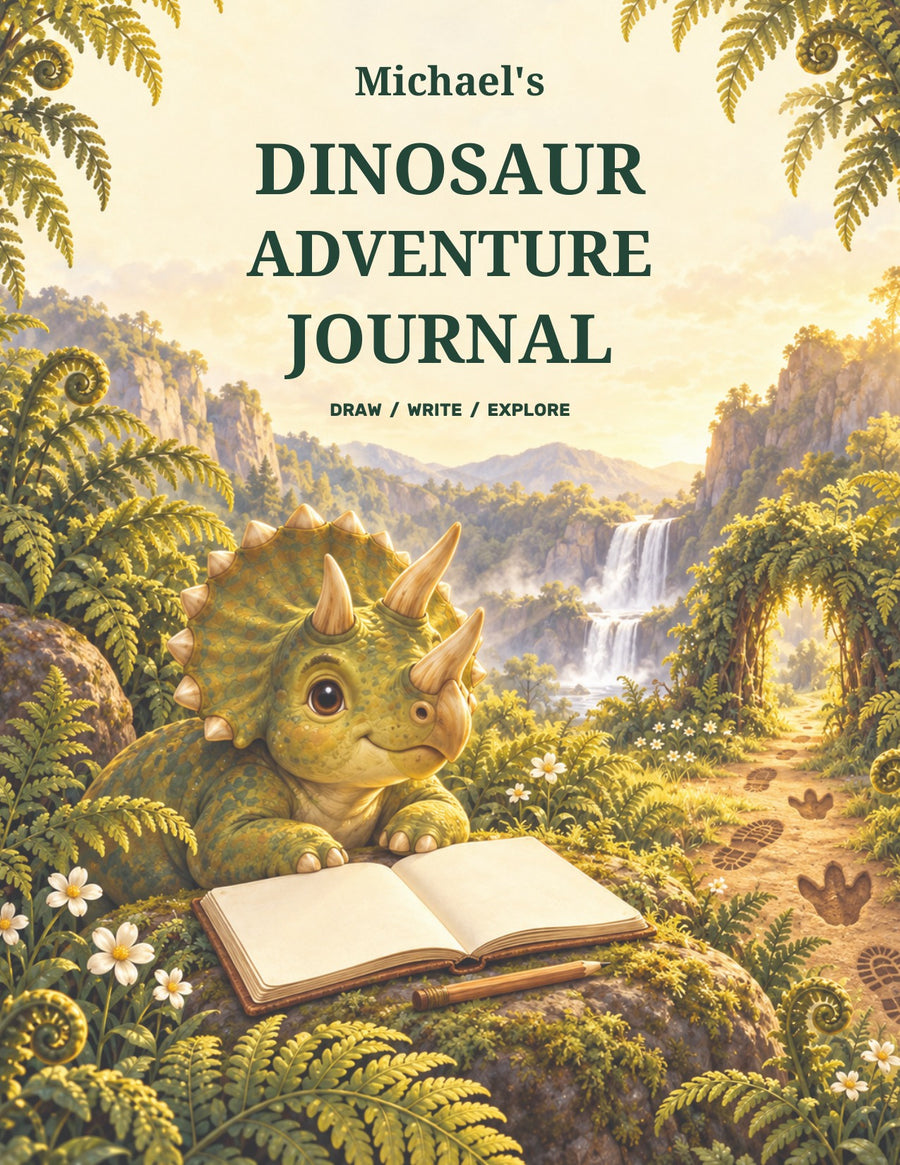 Michael's Dinosaur Adventure Journal cover, with Pip the triceratops beside an open journal in Fern Valley.