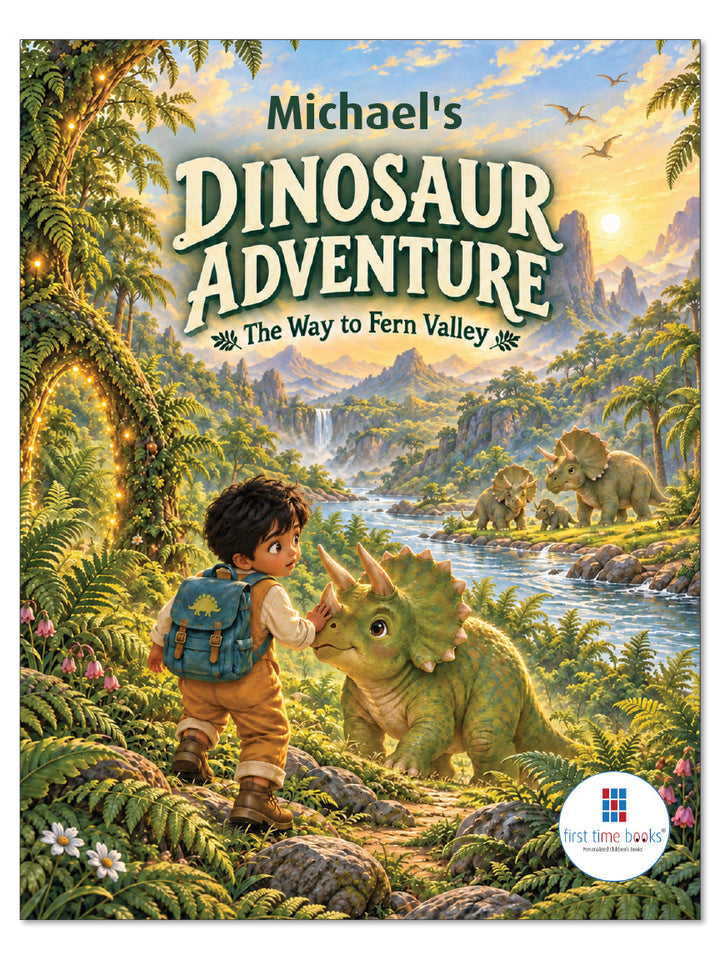 Cover of Michael’s Dinosaur Adventure: The Way to Fern Valley, showing Michael beside Pip the triceratops.