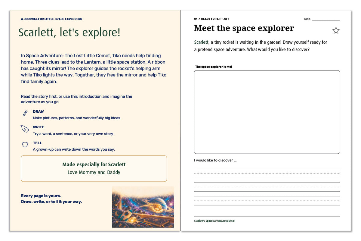 Personalized welcome and gift message for Scarlett beside a draw-yourself-as-a-space-explorer activity.