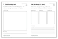 Space journal activities for designing a rocket and drawing three things to pack for a pretend adventure.