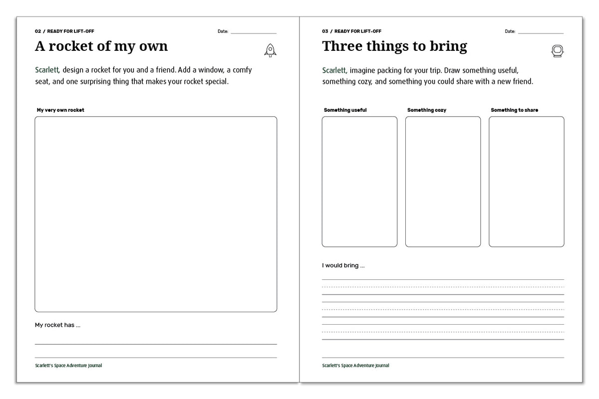 Space journal activities for designing a rocket and drawing three things to pack for a pretend adventure.