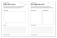 Space journal prompts for kind words to Tiko and drawing the comet's feelings before and after meeting a friend.