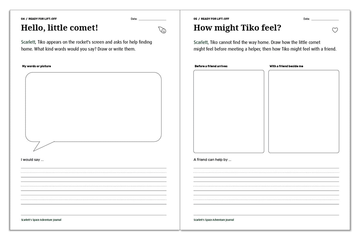 Space journal prompts for kind words to Tiko and drawing the comet's feelings before and after meeting a friend.