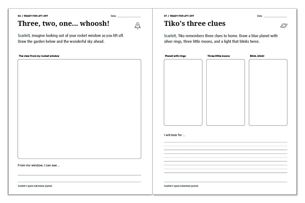 Space journal pages for imagining lift-off and drawing Tiko's three clues: a ringed blue planet, three moons, and a flashing light.