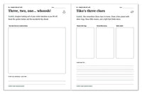 Space journal pages for imagining lift-off and drawing Tiko's three clues: a ringed blue planet, three moons, and a flashing light.