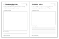 Space journal activities for inventing a bumpy planet and drawing a funny floating-snack moment.