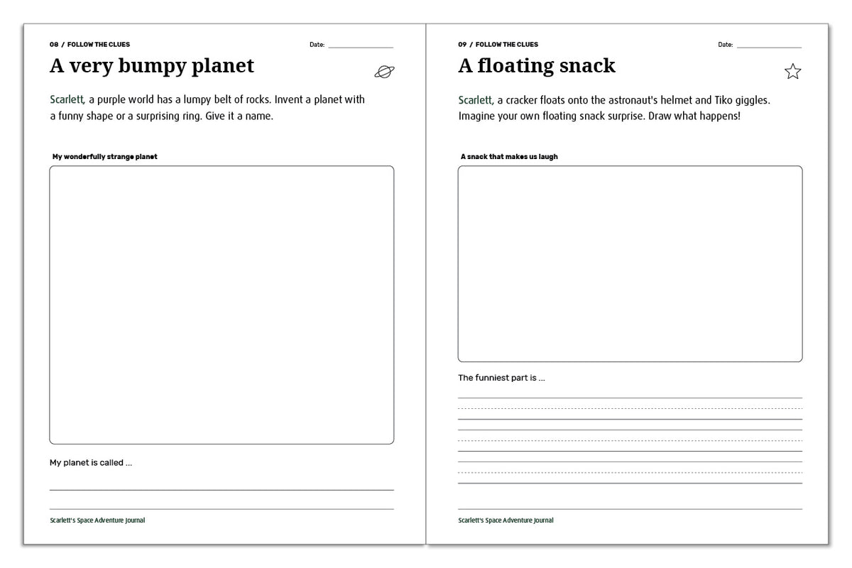 Space journal activities for inventing a bumpy planet and drawing a funny floating-snack moment.