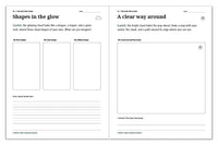 Space journal pages for imagining three glowing-cloud shapes and drawing a clear route around the cloud.