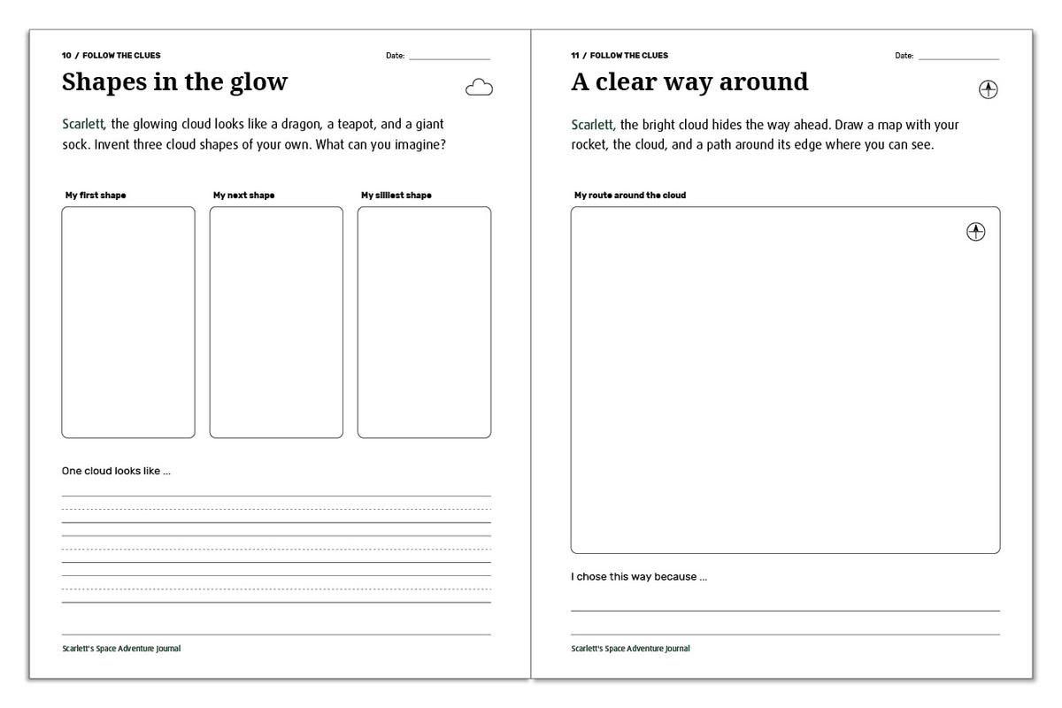 Space journal pages for imagining three glowing-cloud shapes and drawing a clear route around the cloud.