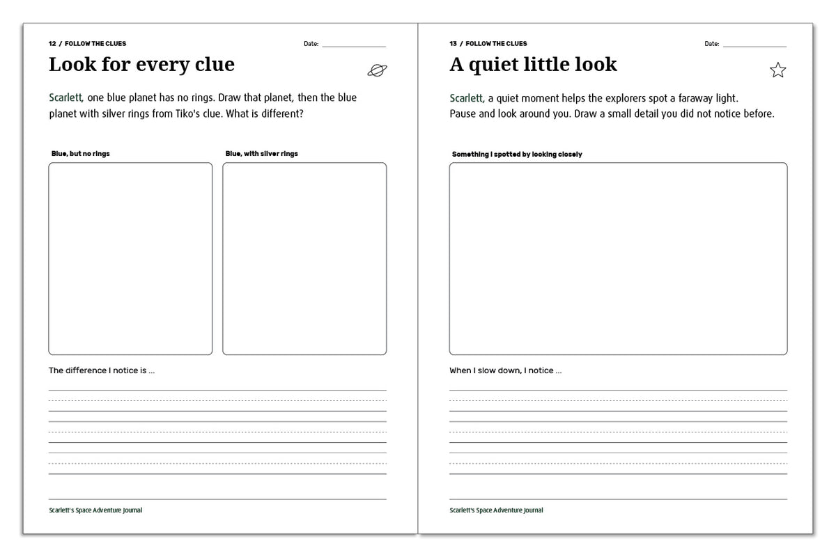 Space journal activities for comparing a planet's rings and noticing small details during a quiet look.