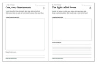 Space journal pages for counting three moons and designing a welcoming space station called the Lantern.