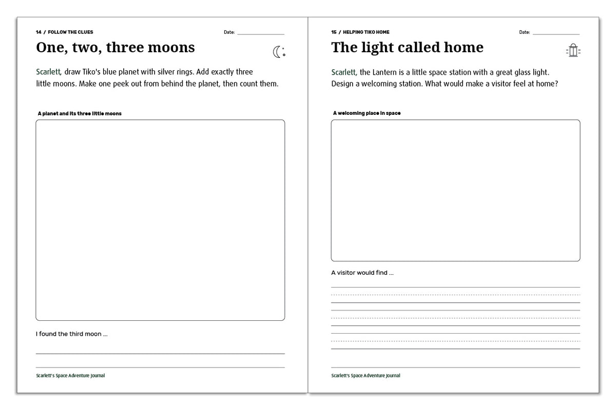 Space journal pages for counting three moons and designing a welcoming space station called the Lantern.