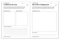 Space journal activities for freeing a tangled ribbon and designing a gentle helping arm for a rocket.