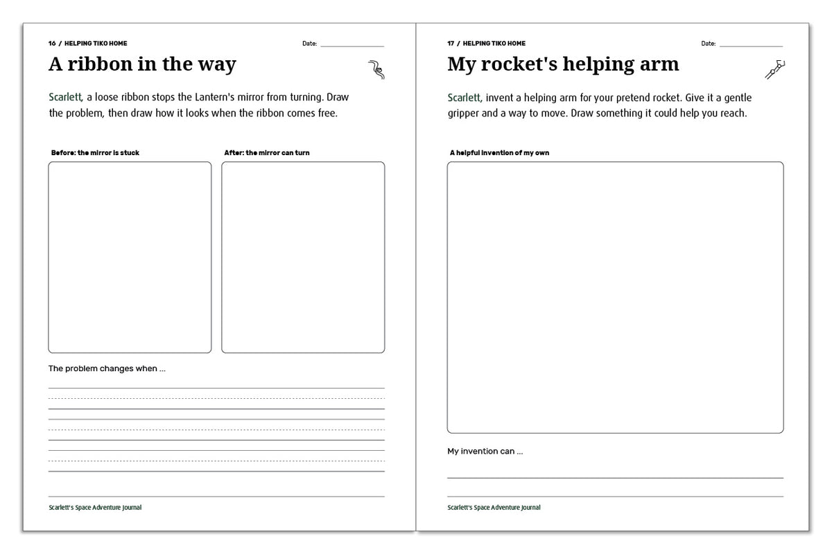 Space journal activities for freeing a tangled ribbon and designing a gentle helping arm for a rocket.
