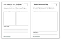 Space journal prompts for teamwork between the astronaut and Tiko, and celebrating the Lantern shining again.
