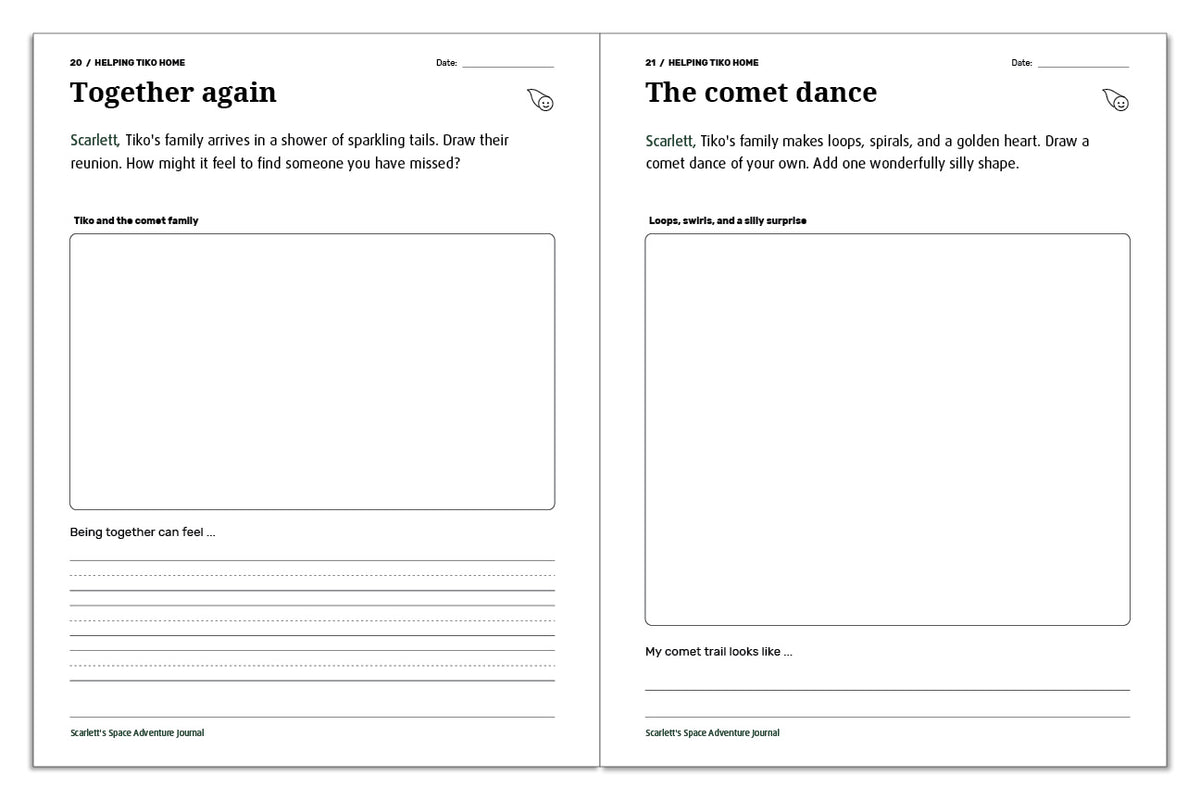 Space journal activities for drawing Tiko's family reunion and inventing a playful comet dance.