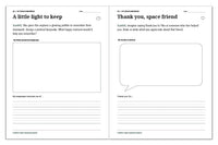 Space journal pages for designing a glowing keepsake and thanking Tiko or another helpful friend.