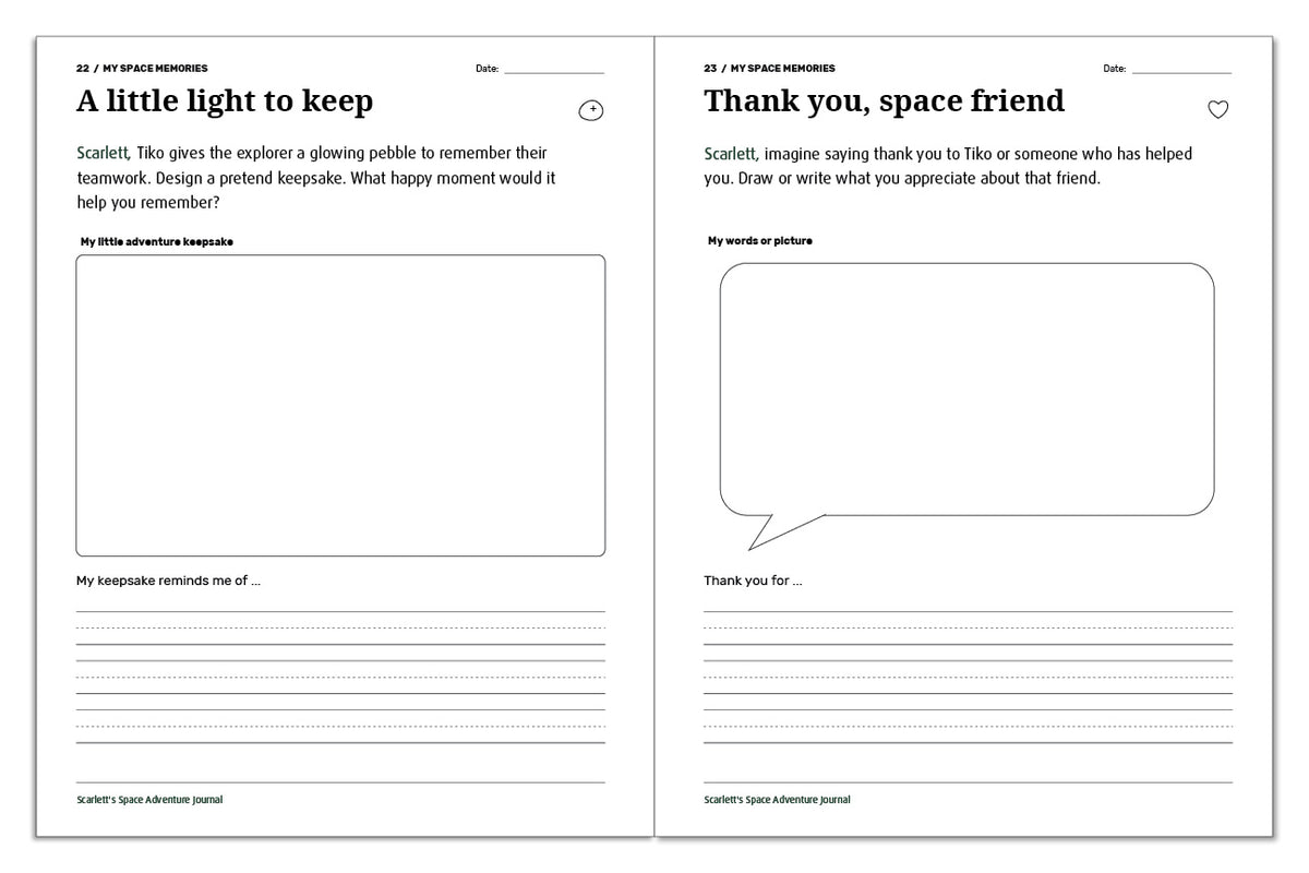Space journal pages for designing a glowing keepsake and thanking Tiko or another helpful friend.