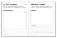 Space journal activities for mapping a journey home and drawing a cozy bedtime ending.