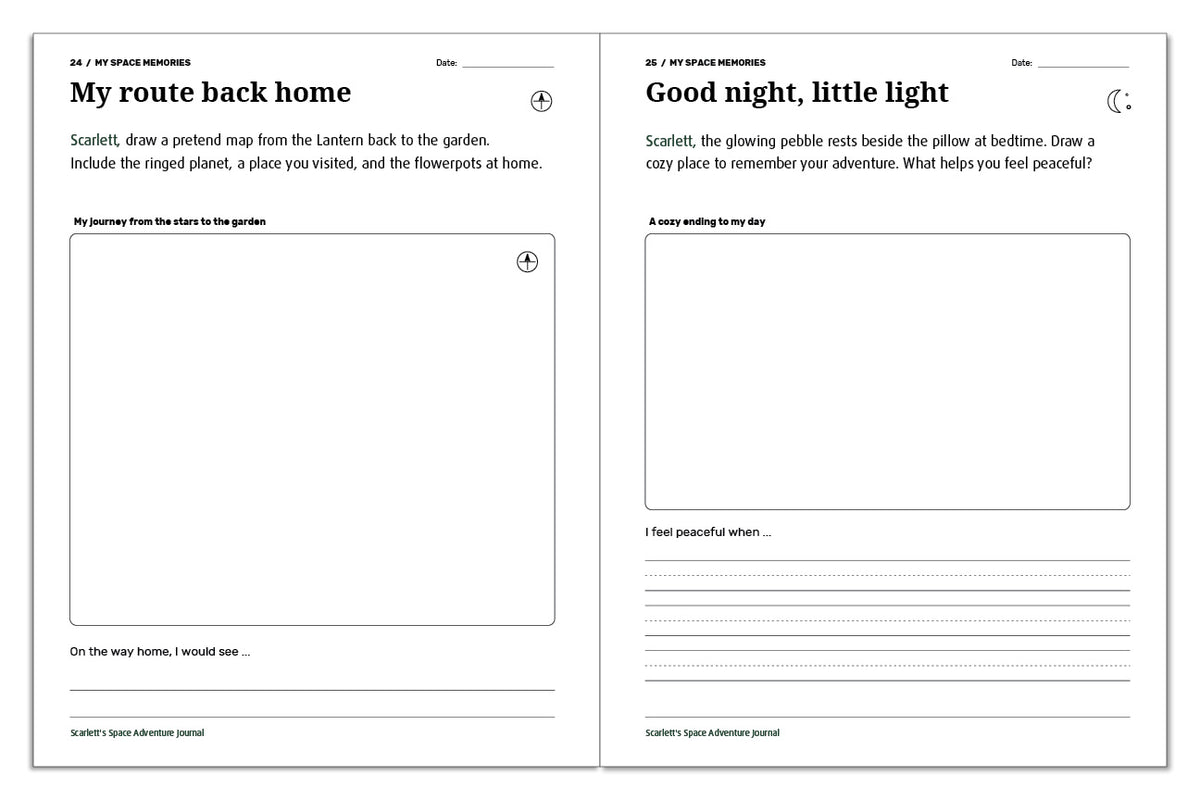 Space journal activities for mapping a journey home and drawing a cozy bedtime ending.