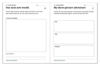 Space journal pages for inventing a new world and telling a three-picture space adventure.