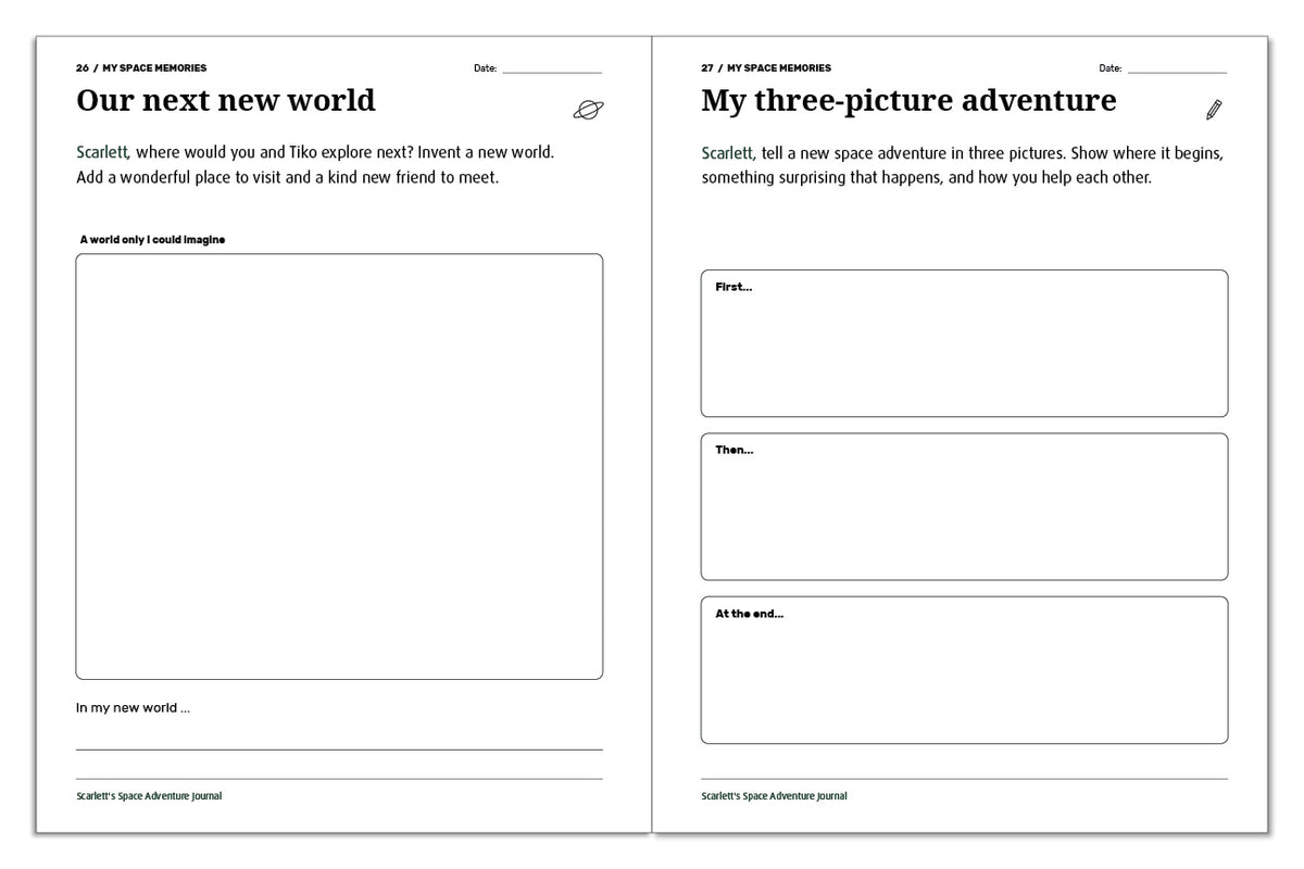 Space journal pages for inventing a new world and telling a three-picture space adventure.