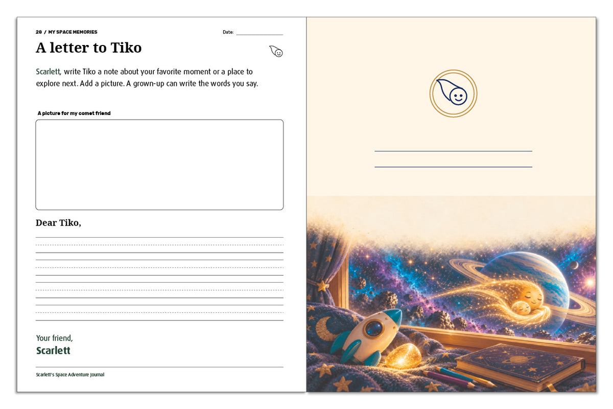 Letter-to-Tiko activity personalized for Scarlett beside an illustrated keepsake page with a rocket and glowing comets.