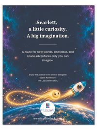 Scarlett's Space Adventure Journal back cover, with Tiko, a turquoise rocket, and a message celebrating curiosity.