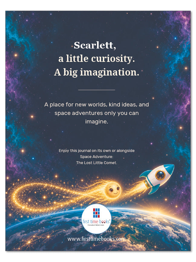 Scarlett's Space Adventure Journal back cover, with Tiko, a turquoise rocket, and a message celebrating curiosity.