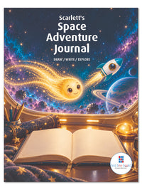 Scarlett's Space Adventure Journal cover, with Tiko the golden comet, a turquoise rocket, and an open journal.