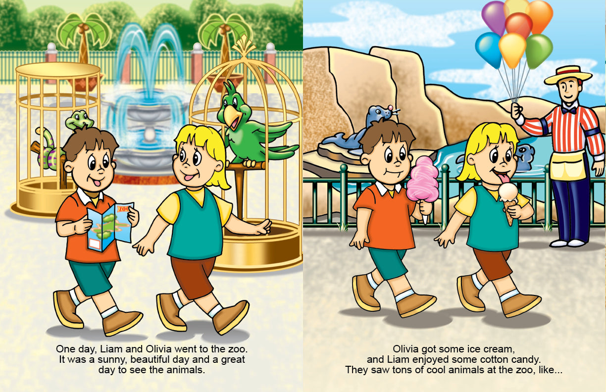Personalized Zoo Adventure spread featuring Olivia and Liam at the zoo