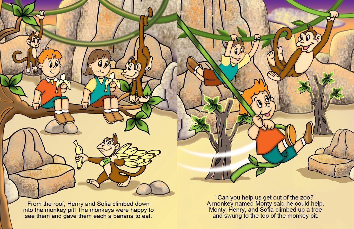 Personalized Zoo Adventure spread featuring Henry and Sofia with monkeys