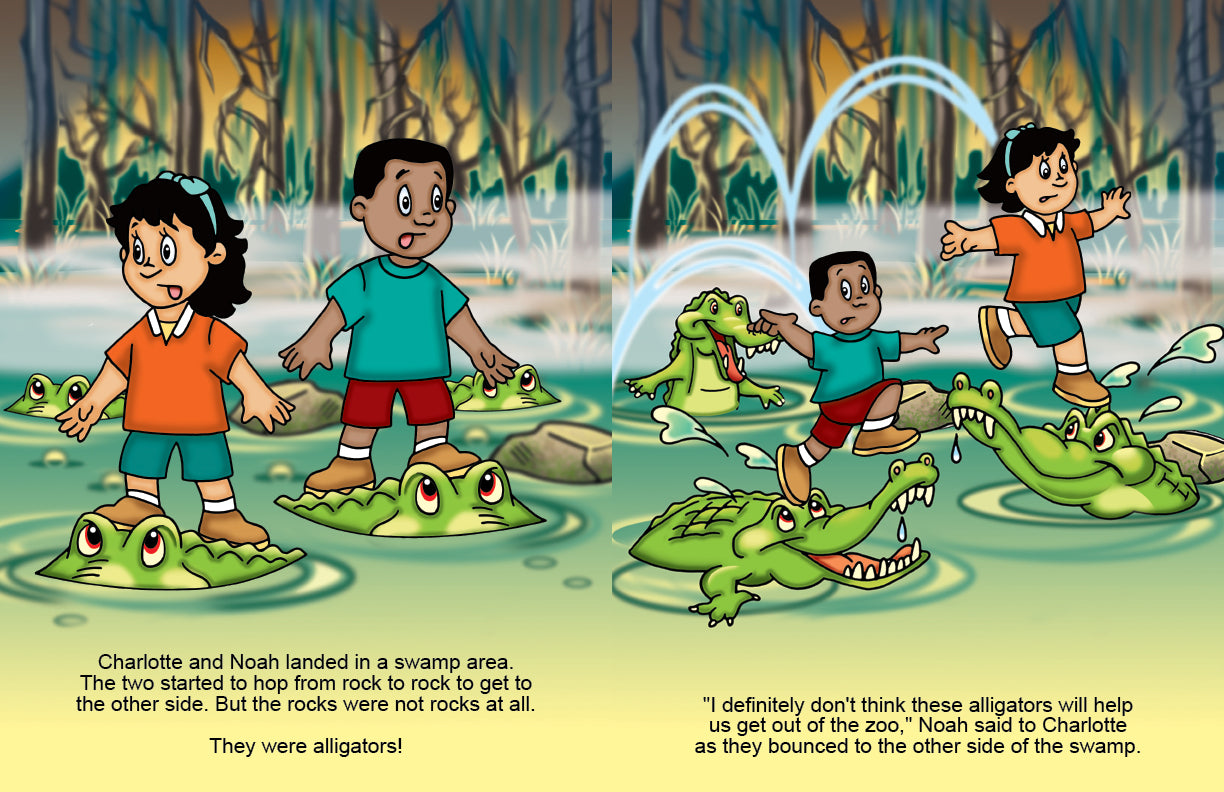 Personalized Zoo Adventure spread featuring Charlotte and Noah crossing an alligator swamp