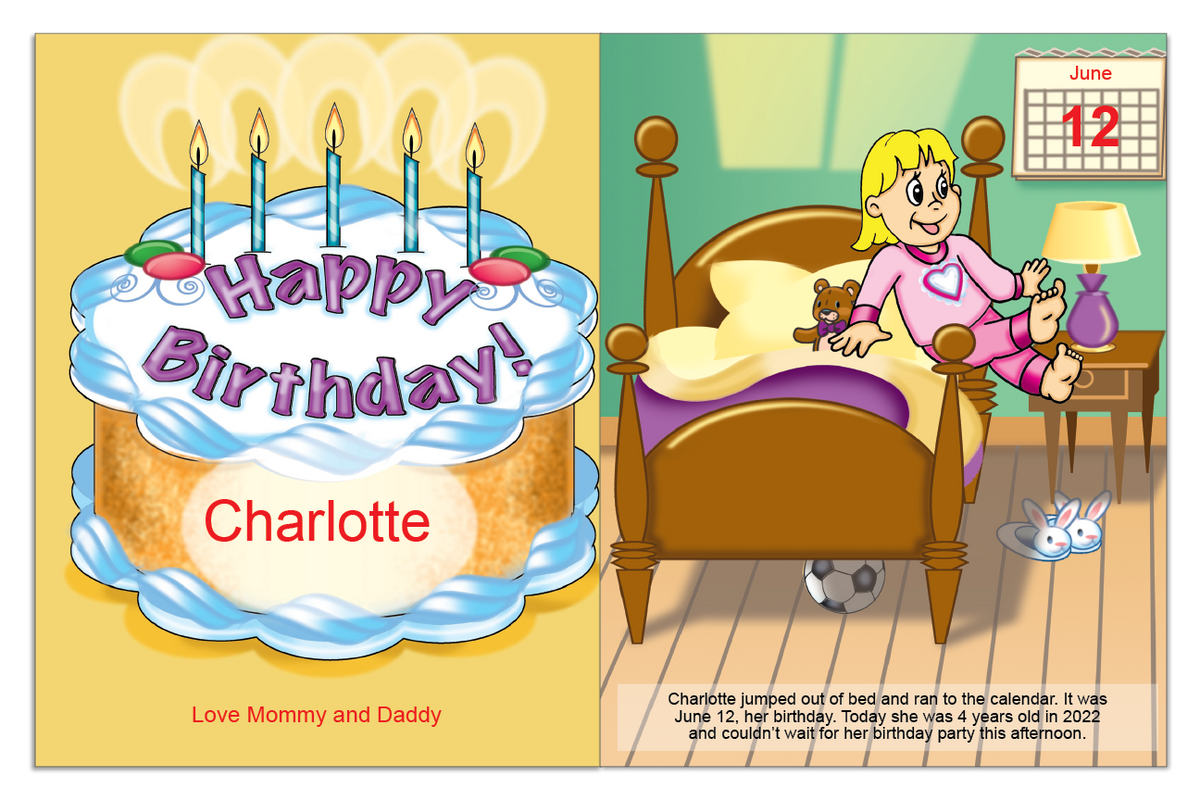 Personalized birthday book spread showing the child's name, birthday, age, and gift message