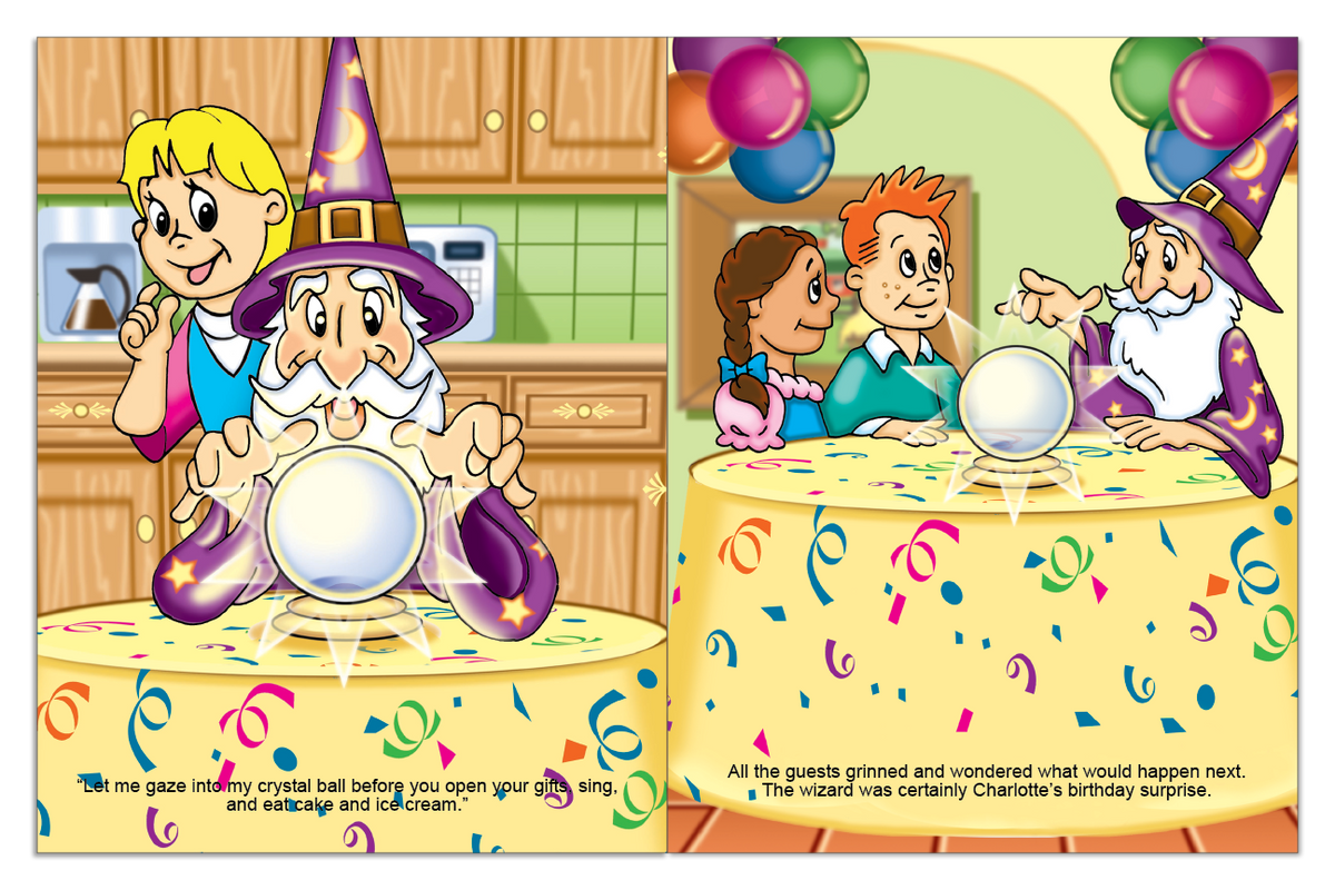 Birthday child and two friends watching a wizard use a crystal ball