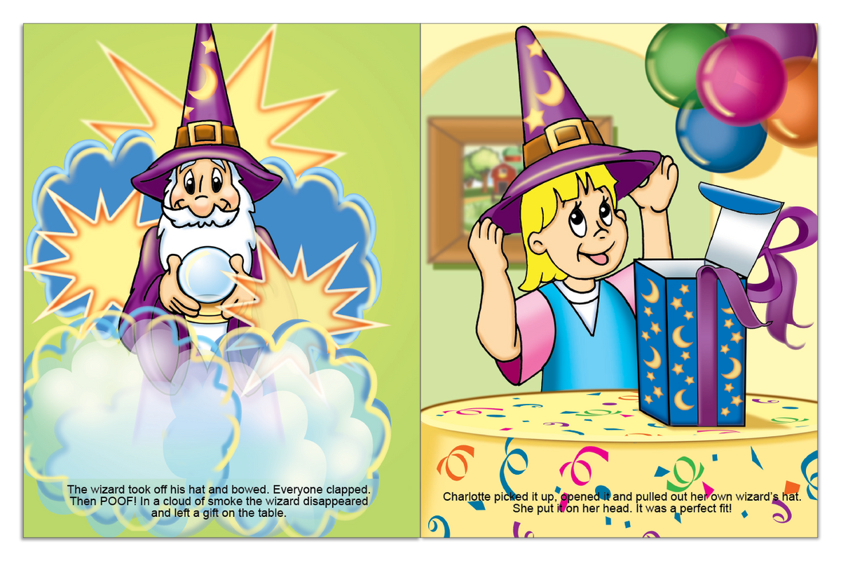 Wizard disappearing as the birthday child opens a personalized magical gift