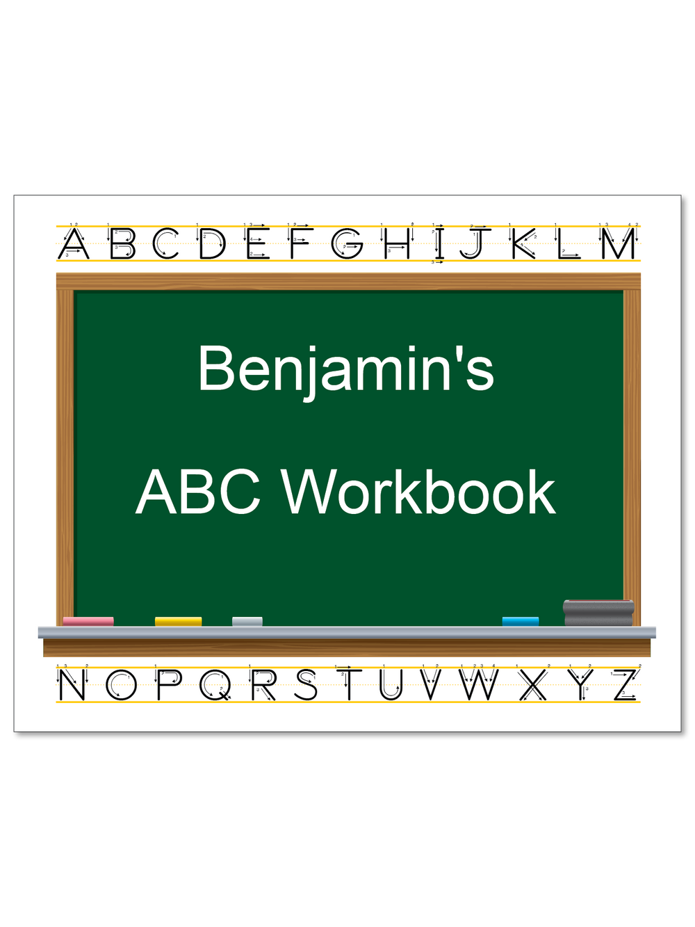 Personalized ABC Workbook cover featuring the child’s first name on a classroom chalkboard