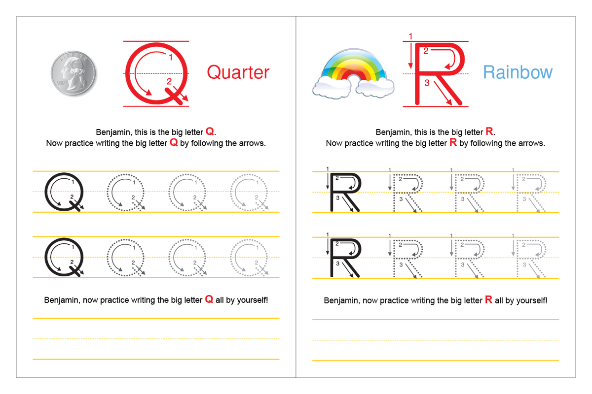 ABC Workbook pages for the letters Q and R with guided tracing and independent writing lines