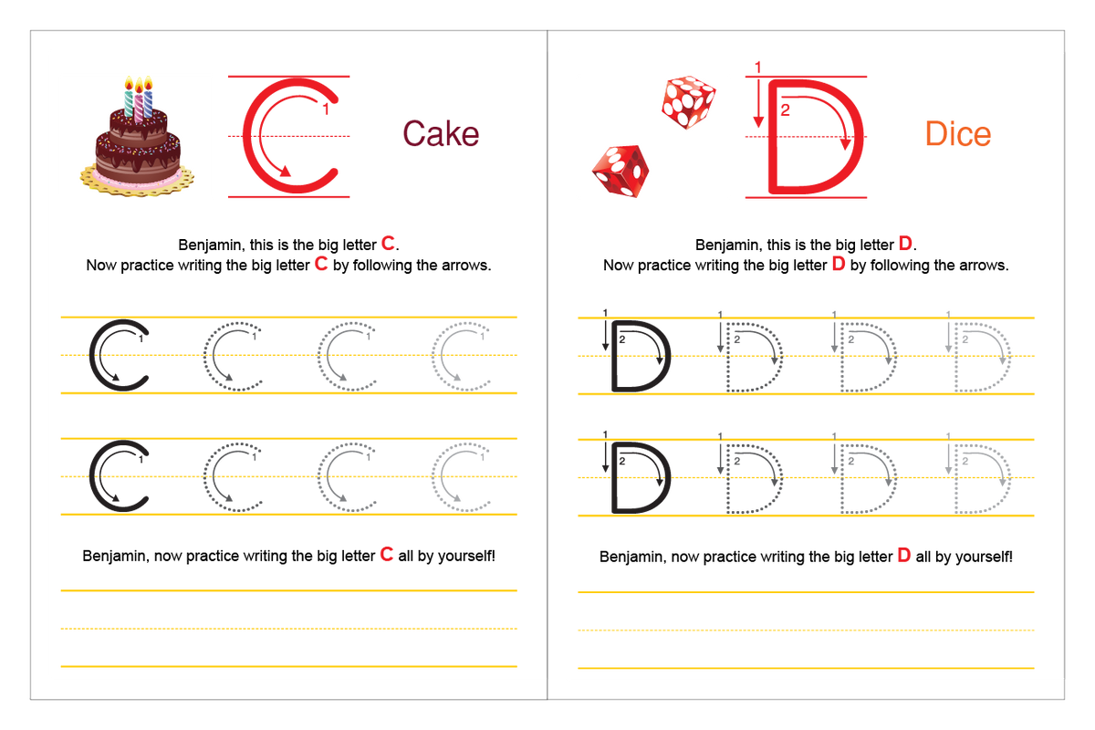 ABC Workbook pages for the letters C and D with pictures and handwriting practice